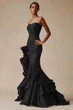 Robe formelle sirène à volants en organza noir Saitn froncé