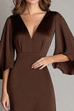Café Satin Col V Fourreau Manches 3/4 Robe formelle