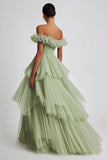 Dusty Sage Épaule Dénudée Robe de bal à volants