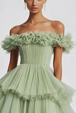 Dusty Sage Épaule Dénudée Robe de bal à volants