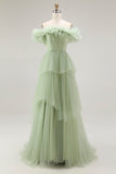 Dusty Sage Épaule Dénudée Robe de bal à volants