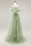 Dusty Sage Épaule Dénudée Robe de bal à volants