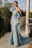 Robe formelle sirène à épaules dénudées bleu ciel avec volants