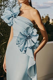 Robe formelle sirène à épaules dénudées bleu ciel avec volants