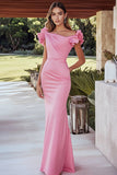Robe longue formelle froncée en satin sirène rose avec manches à volants