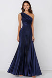 Robe formelle sirène en satin bleu marine à une épaule