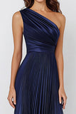 Robe formelle sirène en satin bleu marine à une épaule