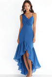 Robe formelle à volants en mousseline de soie fourreau bleu
