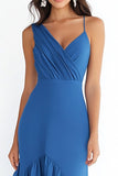 Robe formelle à volants en mousseline de soie fourreau bleu