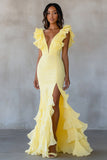 Robe formelle sirène jaune à volants à col en V avec fente