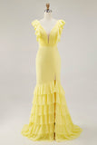 Robe formelle sirène jaune à volants à col en V avec fente