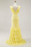 Robe formelle sirène jaune à volants à col en V avec fente