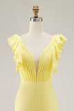 Robe formelle sirène jaune à volants à col en V avec fente