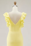 Robe formelle sirène jaune à volants à col en V avec fente
