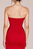 Robe longue formelle sirène froncée sans bretelles rouge avec fente