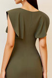 Robe formelle mi-longue moulante à col en V froncée olive