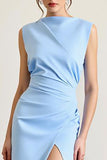 Robe formelle fourreau froncé bleu ciel avec fente