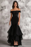 Robe longue d’invitée de mariage sirène noire à épaules dénudées avec volants