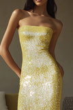 Robe longue formelle jaune scintillante sans bretelles à sequins