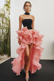 Noir Rose Sans Bretelles Haut-Bas Robe Longue Formelle à Volants