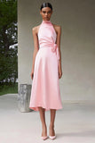 Rose Une ligne dos nu thé longueur Robe formelle en satin