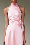Rose Une ligne dos nu thé longueur Robe formelle en satin