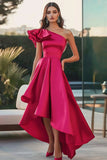 Fuchsia Une Épaule Haut-Bas Satin Une Robe Formelle Trapèze