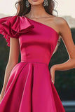 Fuchsia Une Épaule Haut-Bas Satin Une Robe Formelle Trapèze