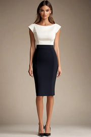 Robe formelle moulante à col bateau noire et blanche