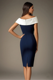 Robe formelle moulante à épaules dénudées blanche et bleu marine