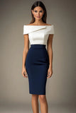 Robe formelle moulante à épaules dénudées blanche et bleu marine