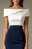 Robe formelle moulante à épaules dénudées blanche et bleu marine