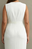 Robe formelle midi blanche blanche en satin à col en V grande taille avec ceinture