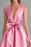 Robe formelle midi en satin rose à col en V avec nœud