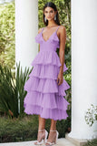 Robe formelle en mousseline de soie à plusieurs niveaux à bretelles lilas