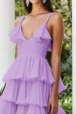Robe formelle en mousseline de soie à plusieurs niveaux à bretelles lilas