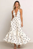 Robe formelle en satin blanc à col en V avec pois noirs