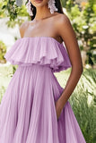 Robe formelle midi sans bretelles en mousseline de soie lilas avec volants