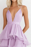 Lilas Spaghetti Straps Mousseline de soie Une robe formelle à plusieurs niveaux