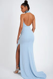 Robe formelle sirène en satin dos nu bleu ciel avec fente