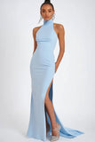 Robe formelle sirène en satin dos nu bleu ciel avec fente