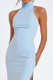 Robe formelle sirène en satin dos nu bleu ciel avec fente