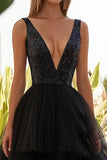 Robe d’invitée de mariée en tulle à paillettes noires