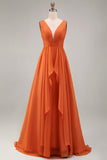 Robe d'invitée de mariée orange de soie une ligne à volants