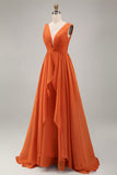 Robe d'invitée de mariée orange de soie une ligne à volants