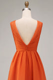 Robe d'invitée de mariée orange de soie une ligne à volants