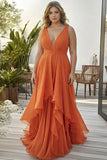 Robe de mariée longue taille en chiffon orange à volants en V