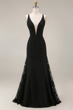 Robe longue de cérémonie en satin satin noir avec dentelle