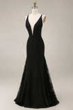 Robe longue de cérémonie en satin satin noir avec dentelle