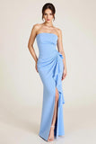 Robe d’invitée de mariage froncée sirène bleu ciel avec fente